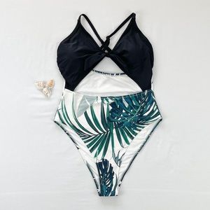 Tropical Print Bottom Black Top One Piece Swimsuit